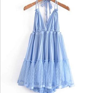 Baby Blue Donny Mesh Self Tie Ruffled Halter Dress